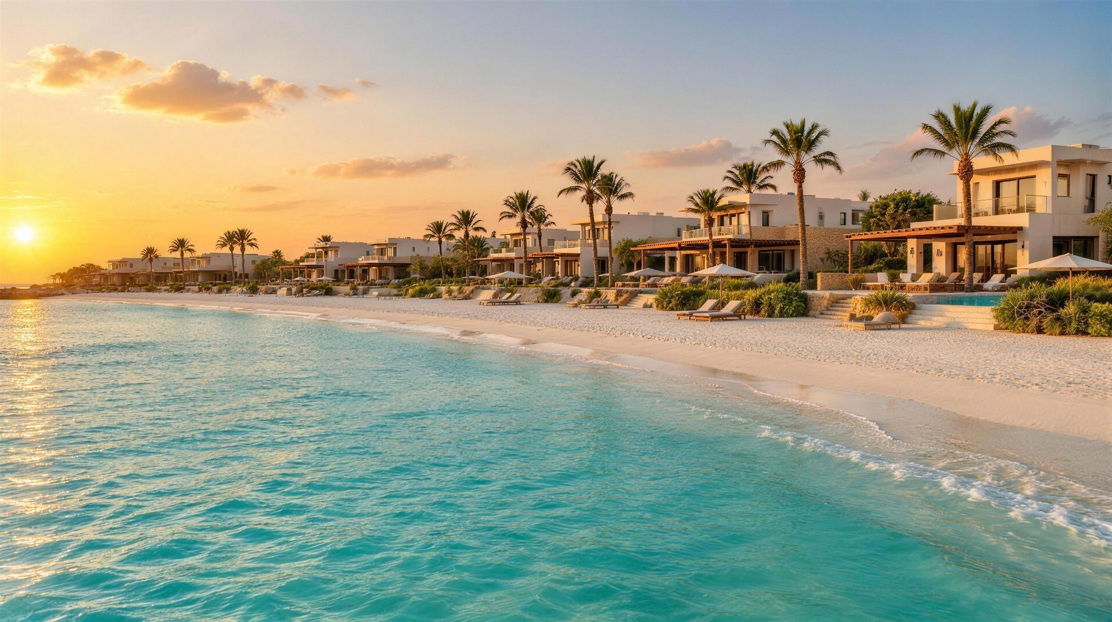 Low white villas and palm trees on a North Coast beach at sunset