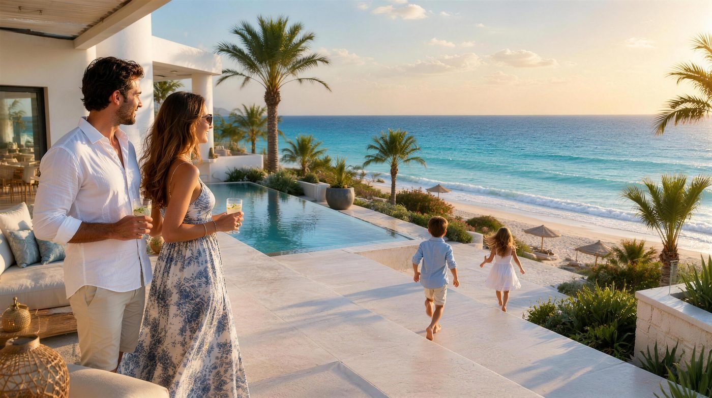 A family on the terrace of their seaside villa on the North Coast