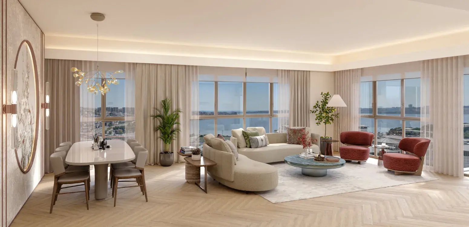 A living room with a sea view