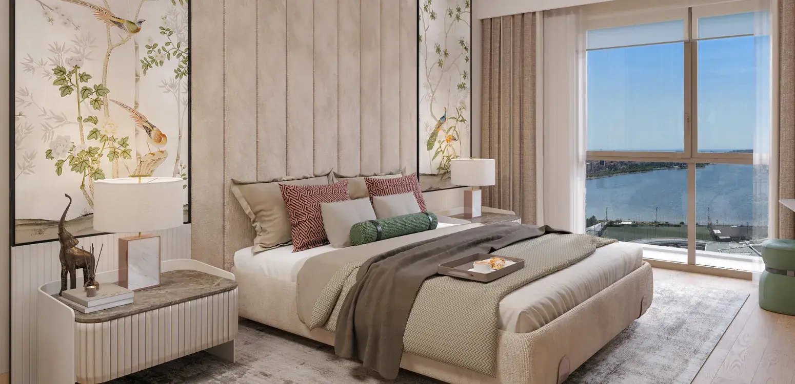 A bedroom with a sea view