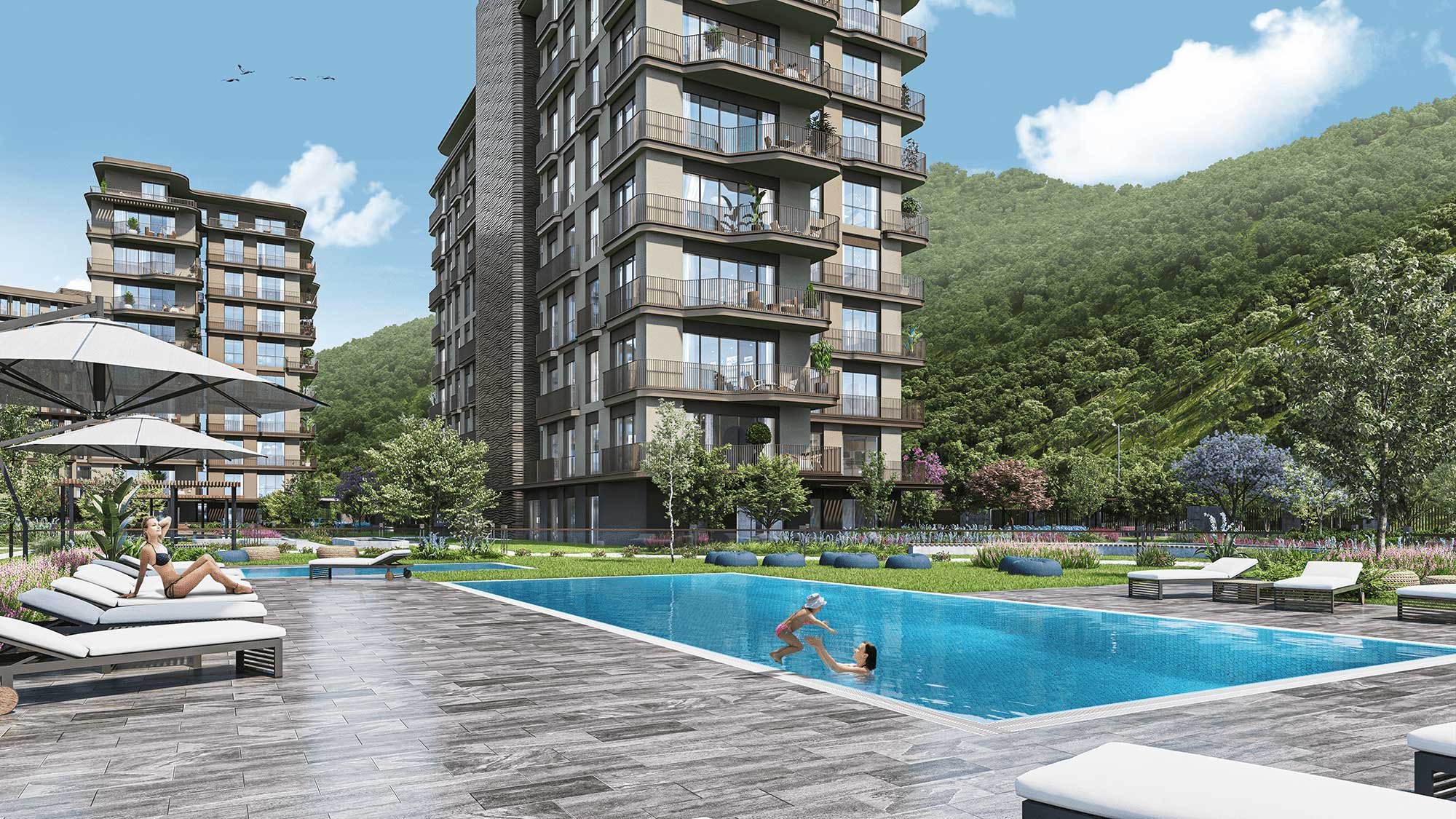 The pool deck and towers