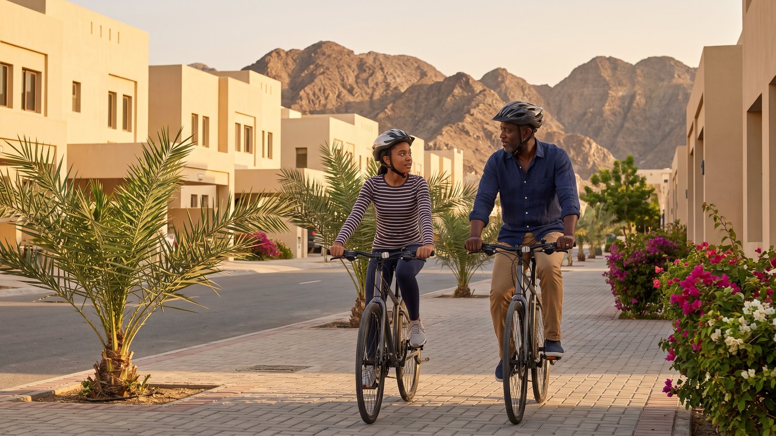 A father and his daughter cycling through their new neighbourhood in Muscat, mountains behind