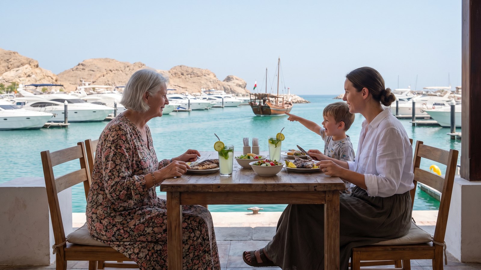 Three generations of a family having lunch at a marina café in Muscat