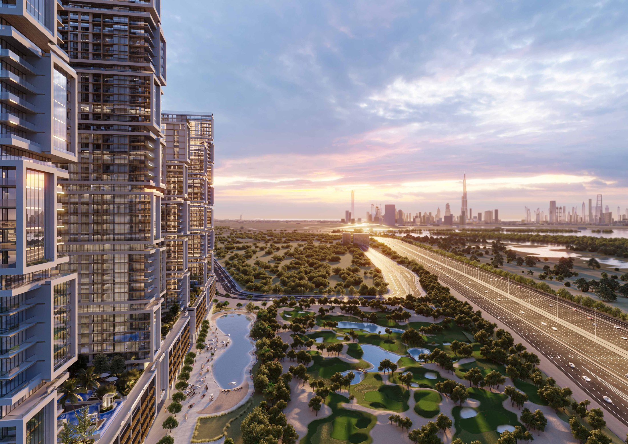 The towers above the golf course, Downtown on the horizon
