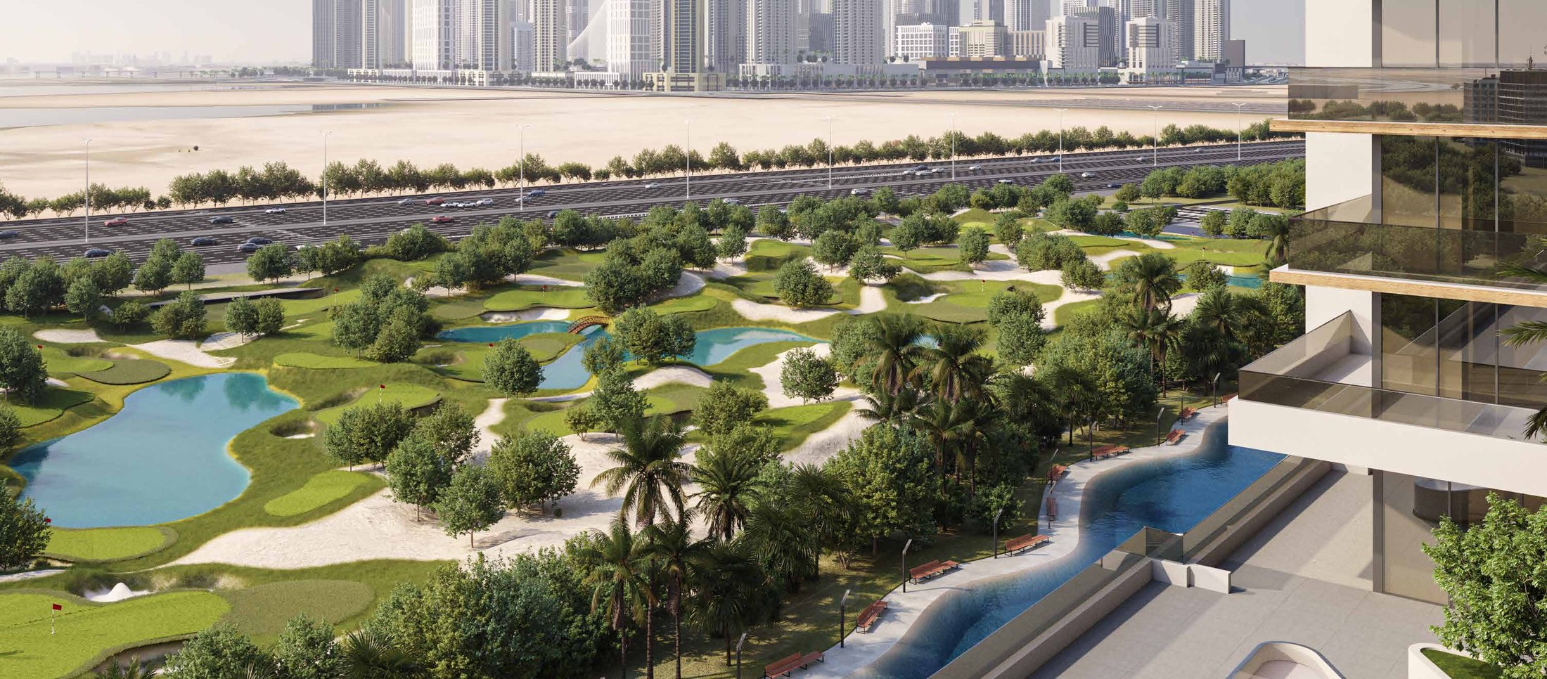 The golf course in front of the buildings