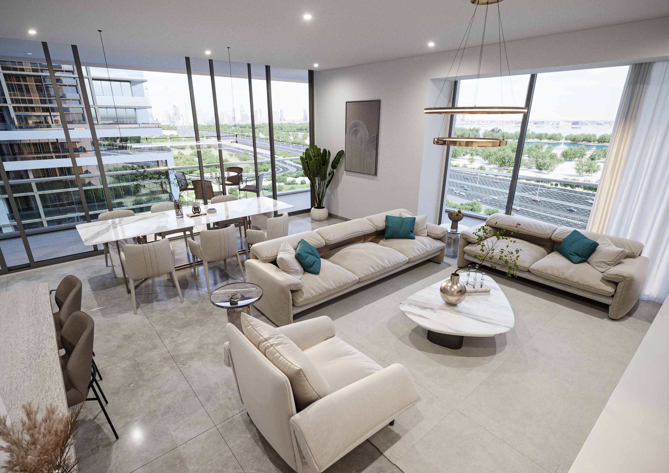 A living room with a city view