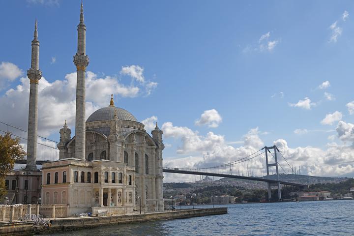 Ortaköy Mosque on the water with the Bosphorus Bridge behind it, Istanbul