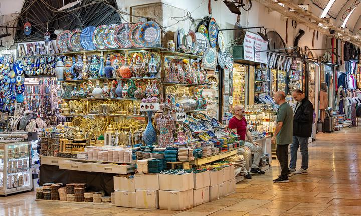 A ceramics and lamp stall inside the covered streets of the Grand Bazaar, Istanbul