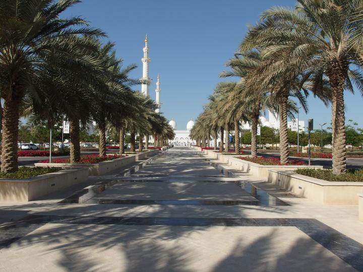 Minarets and domes of Sheikh Zayed Grand Mosque at the end of a palm avenue