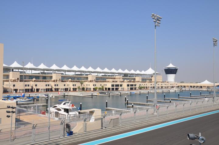 Yas Marina with yachts moored beside the circuit and the hotel in the background, Abu Dhabi