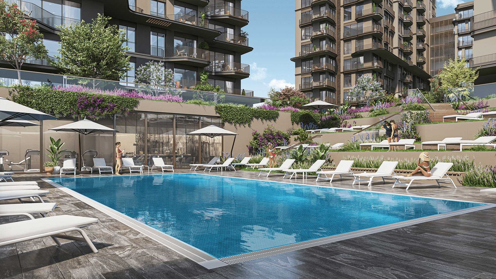 A pool deck between residential towers in Istanbul (developer render)
