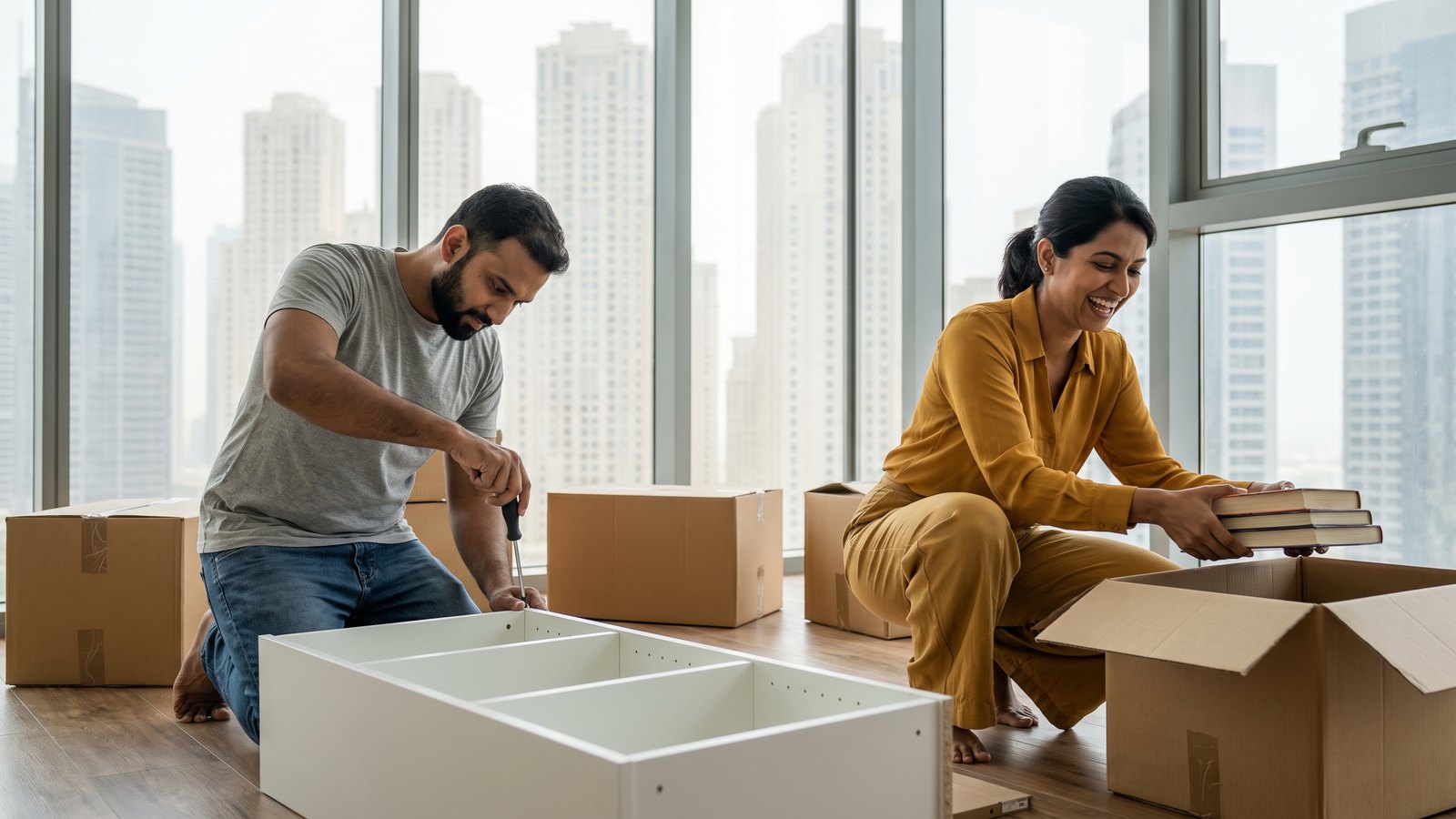 A young couple moving into their new apartment in Dubai, building a bookshelf