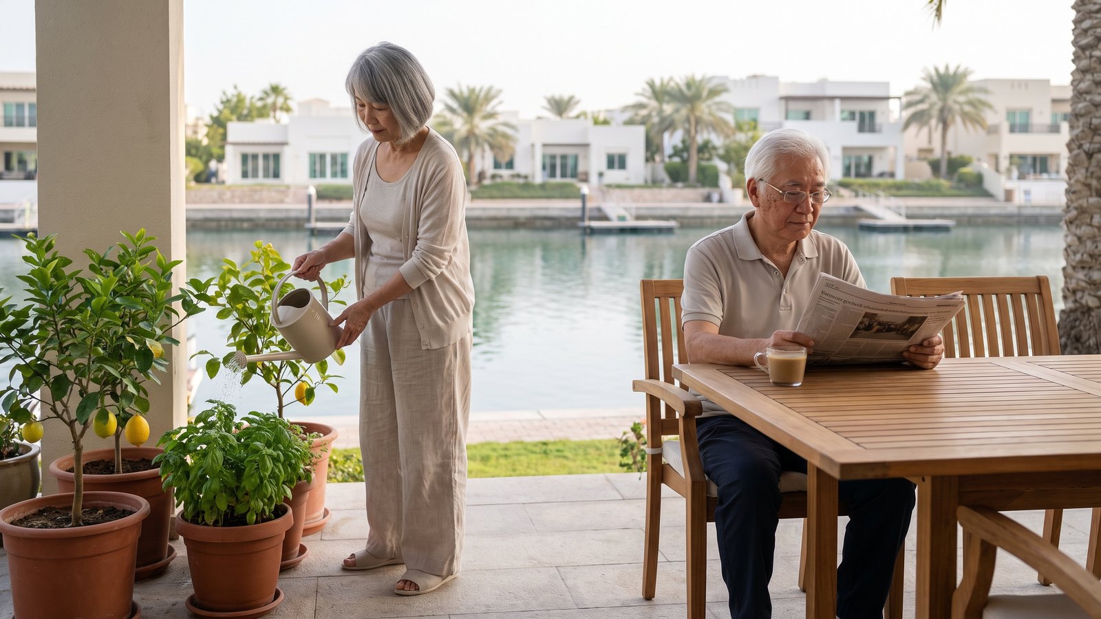 A retired couple on the terrace of their waterfront villa in Abu Dhabi, watering plants and reading the paper