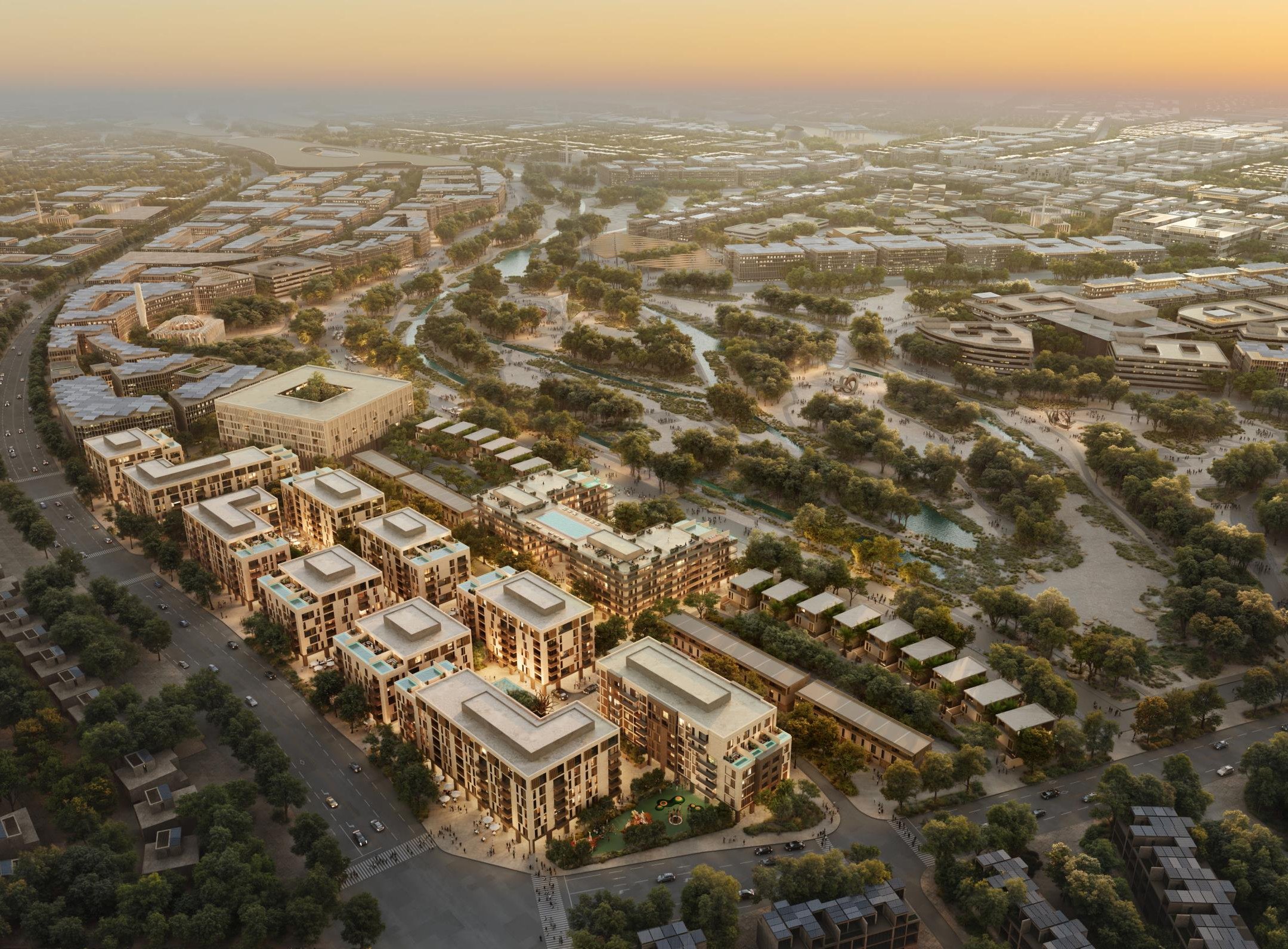 Aerial rendering of a residential district in Sultan Haitham City, Muscat