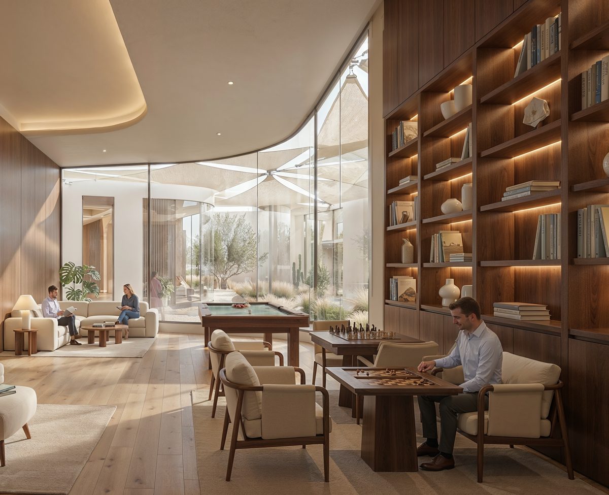 The library and study lounge at Yas Riva Reserve
