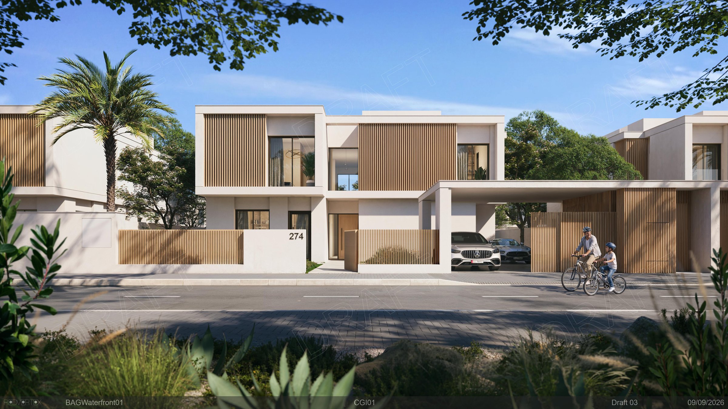 A villa street at Yas Riva Reserve with timber-accented facades