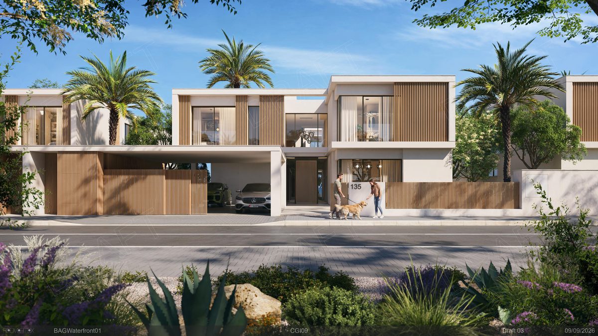 A waterfront villa at Yas Riva Reserve seen across the canal