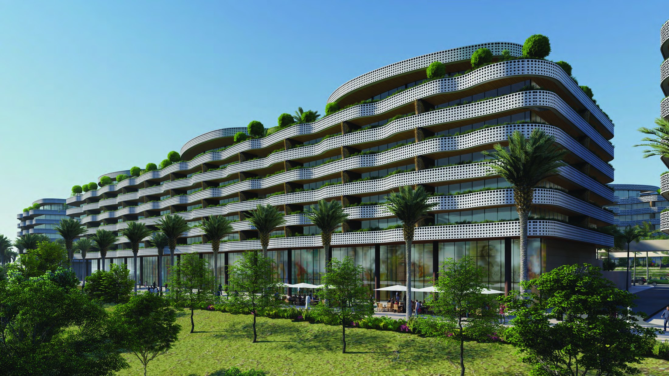 Computer-generated image of Yenaier Residences in Sultan Haitham City, Muscat: curved white balconies planted with greenery above a glass ground floor, with palm trees and a lawn in front